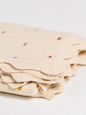 New! Y2K Gathre Cream Knotted Knit Throw Blanket Dot Embroidery Cottagecore Vntg